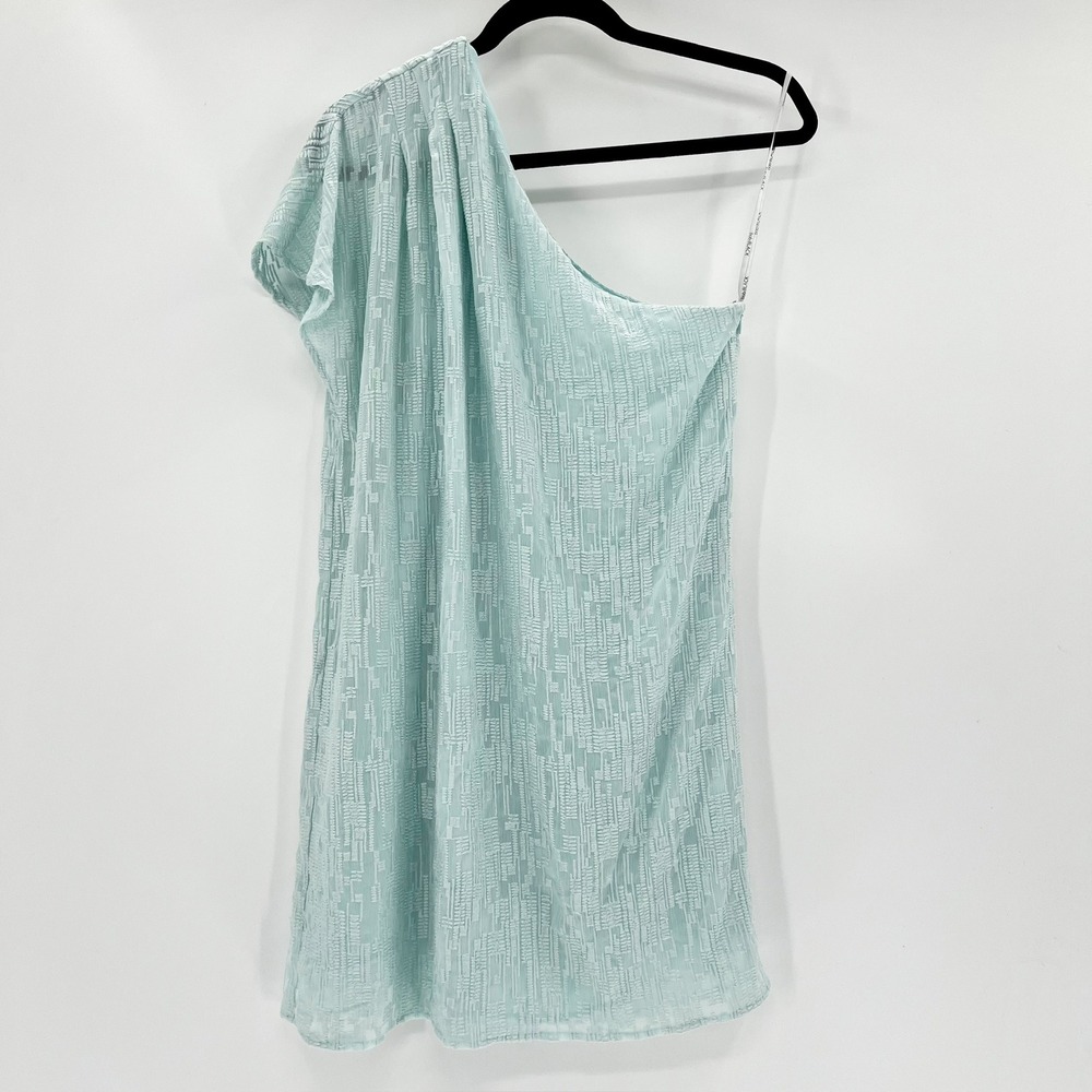 bobi BLACK One Shoulder Mini Dress Light Blue Textured Short Sleeve Size M